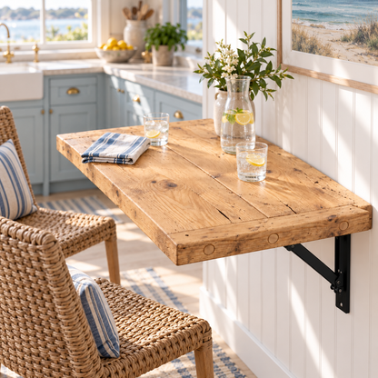 AVELINE Light Oak Colour Foldable Wall-Mounted Solid Wood Table – Rustic Wood with Heavy-Duty Black Brackets – Space-Saving Desk for Kitchen, Office, or Small Spaces