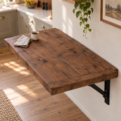 AVELINE Walnut Colour Foldable Wall-Mounted Solid Wood Table – Rustic Wood with Heavy-Duty Black Brackets – Space-Saving Desk for Kitchen, Office, or Small Spaces