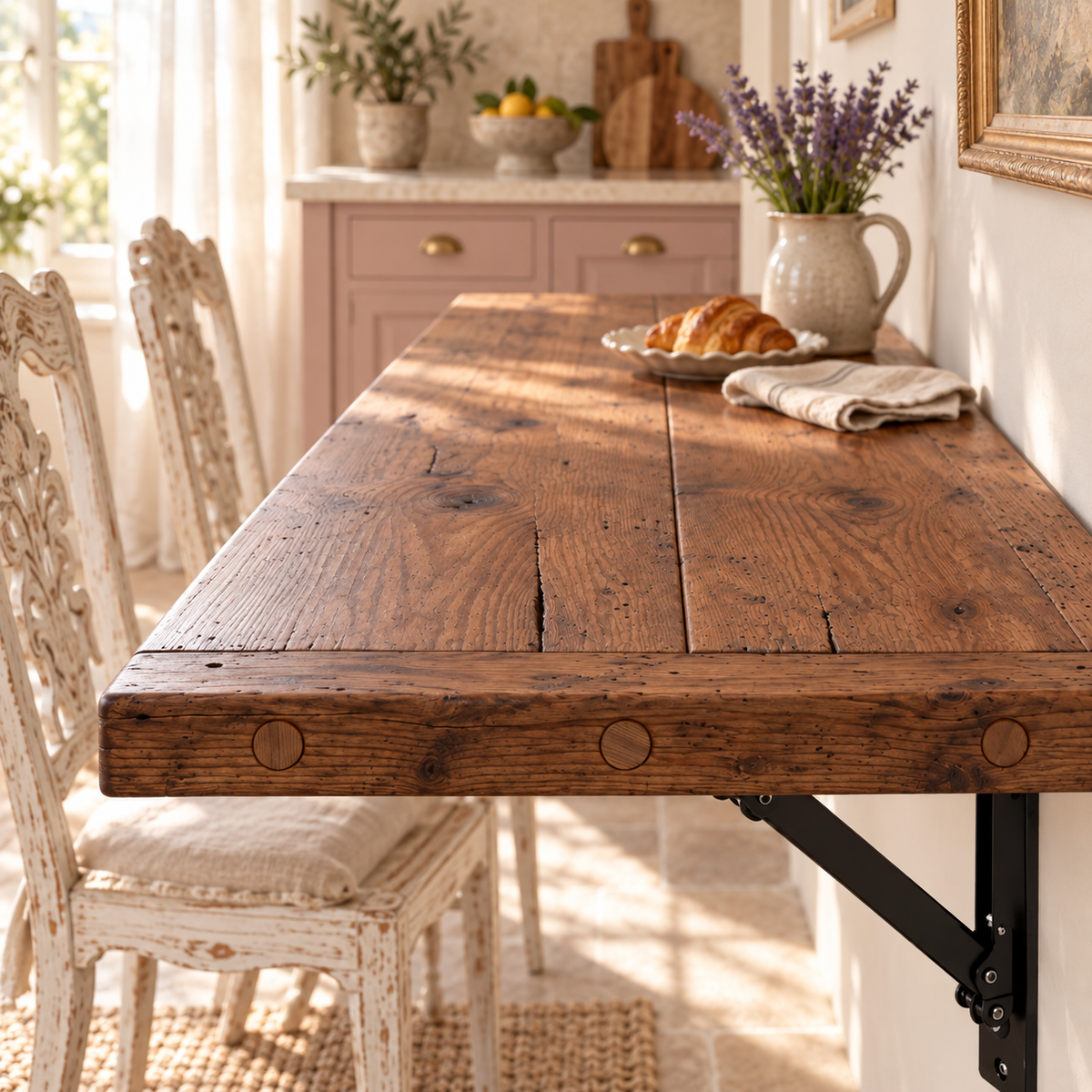 AVELINE Walnut Colour Foldable Wall-Mounted Solid Wood Table – Rustic Wood with Heavy-Duty Black Brackets – Space-Saving Desk for Kitchen, Office, or Small Spaces