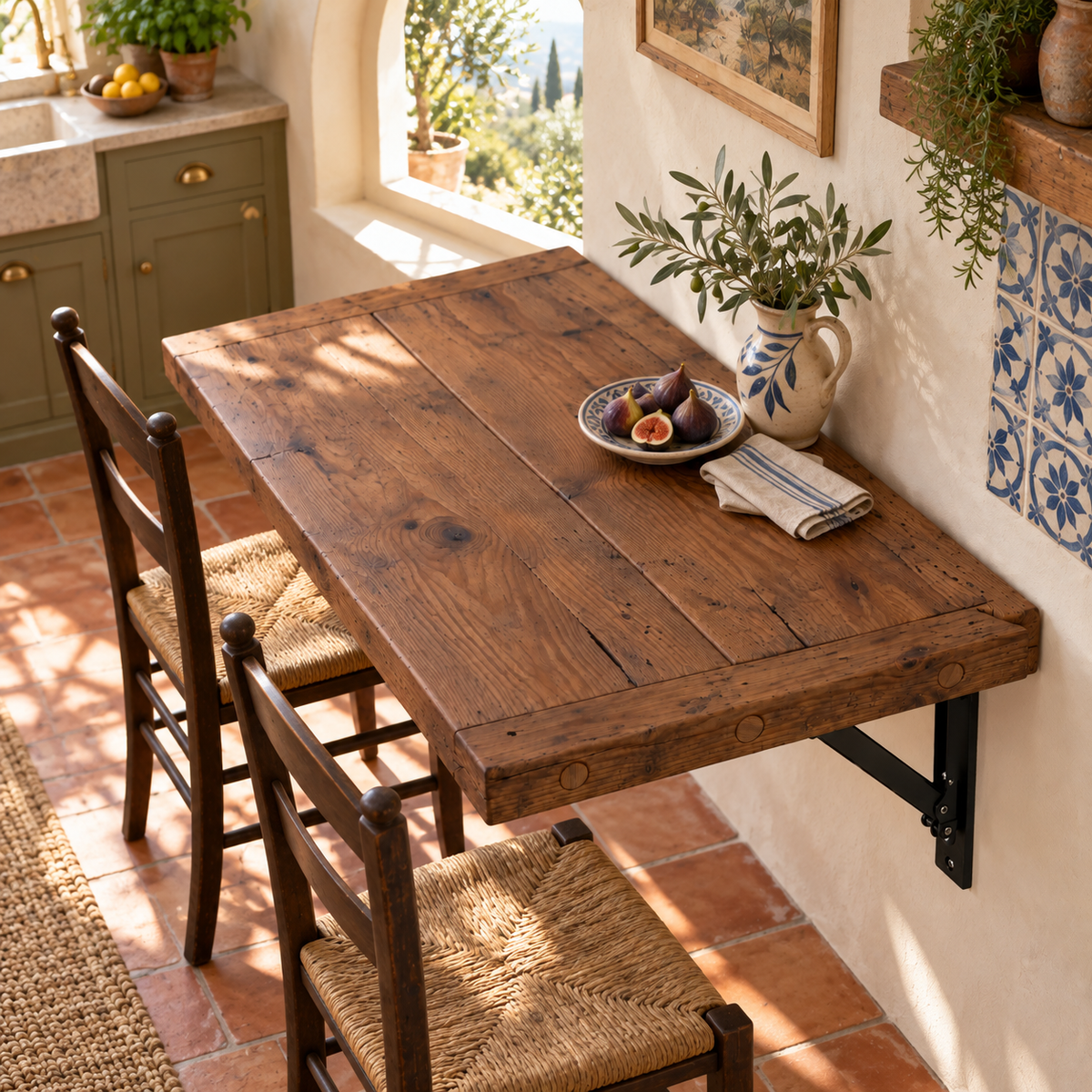 AVELINE Walnut Colour Foldable Wall-Mounted Solid Wood Table – Rustic Wood with Heavy-Duty Black Brackets – Space-Saving Desk for Kitchen, Office, or Small Spaces