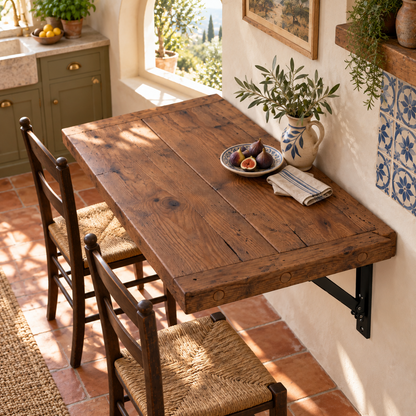 AVELINE Walnut Colour Foldable Wall-Mounted Solid Wood Table – Rustic Wood with Heavy-Duty Black Brackets – Space-Saving Desk for Kitchen, Office, or Small Spaces