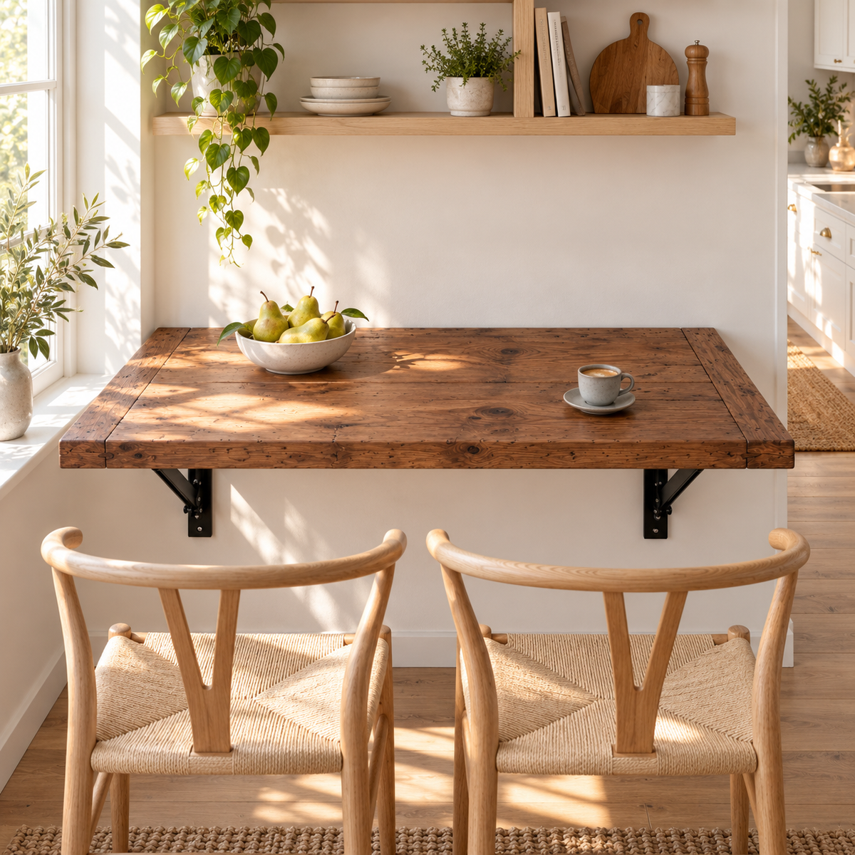 AVELINE Walnut Colour Foldable Wall-Mounted Solid Wood Table – Rustic Wood with Heavy-Duty Black Brackets – Space-Saving Desk for Kitchen, Office, or Small Spaces