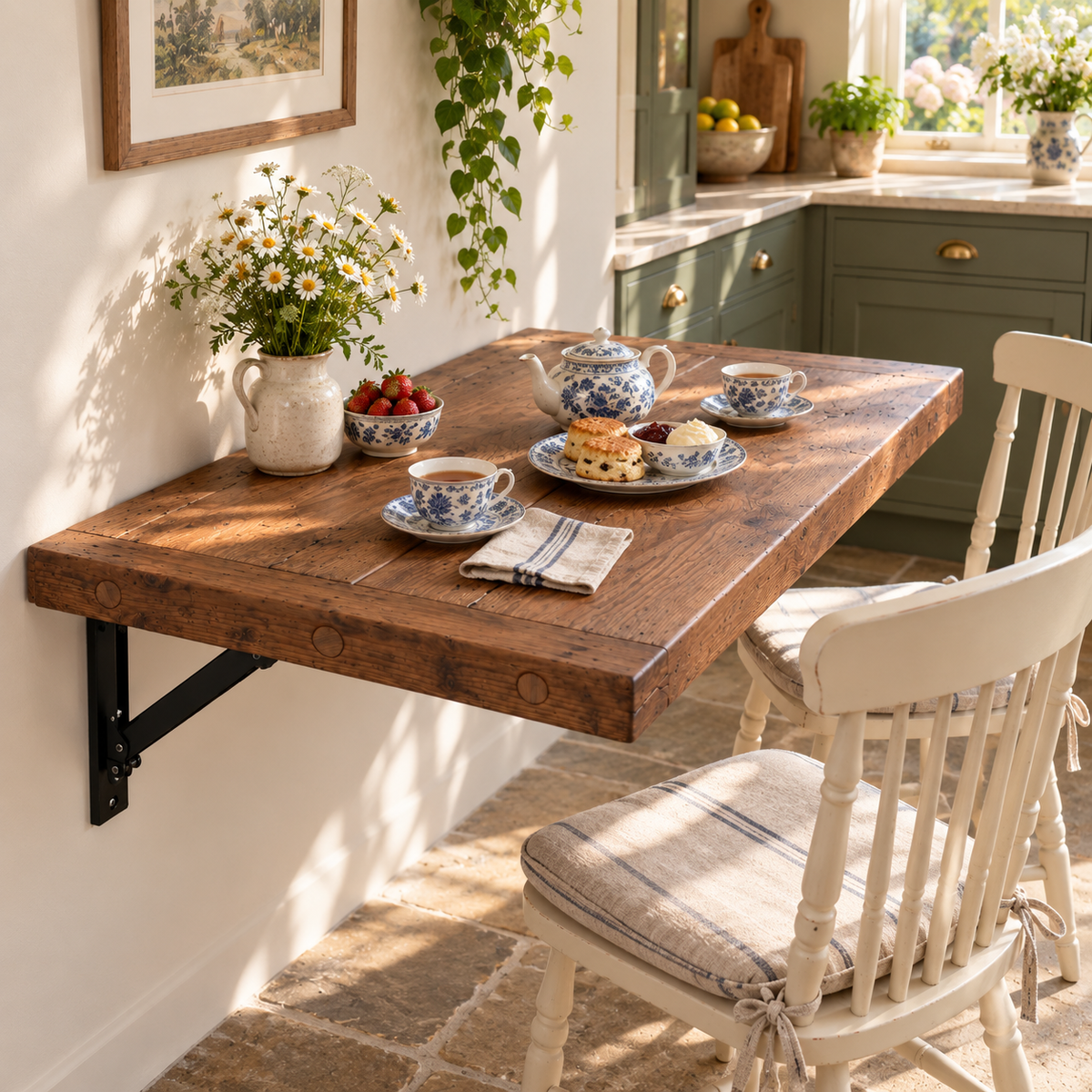 AVELINE Walnut Colour Foldable Wall-Mounted Solid Wood Table – Rustic Wood with Heavy-Duty Black Brackets – Space-Saving Desk for Kitchen, Office, or Small Spaces