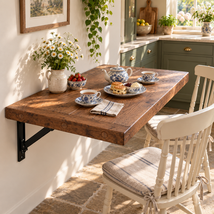 AVELINE Walnut Colour Foldable Wall-Mounted Solid Wood Table – Rustic Wood with Heavy-Duty Black Brackets – Space-Saving Desk for Kitchen, Office, or Small Spaces