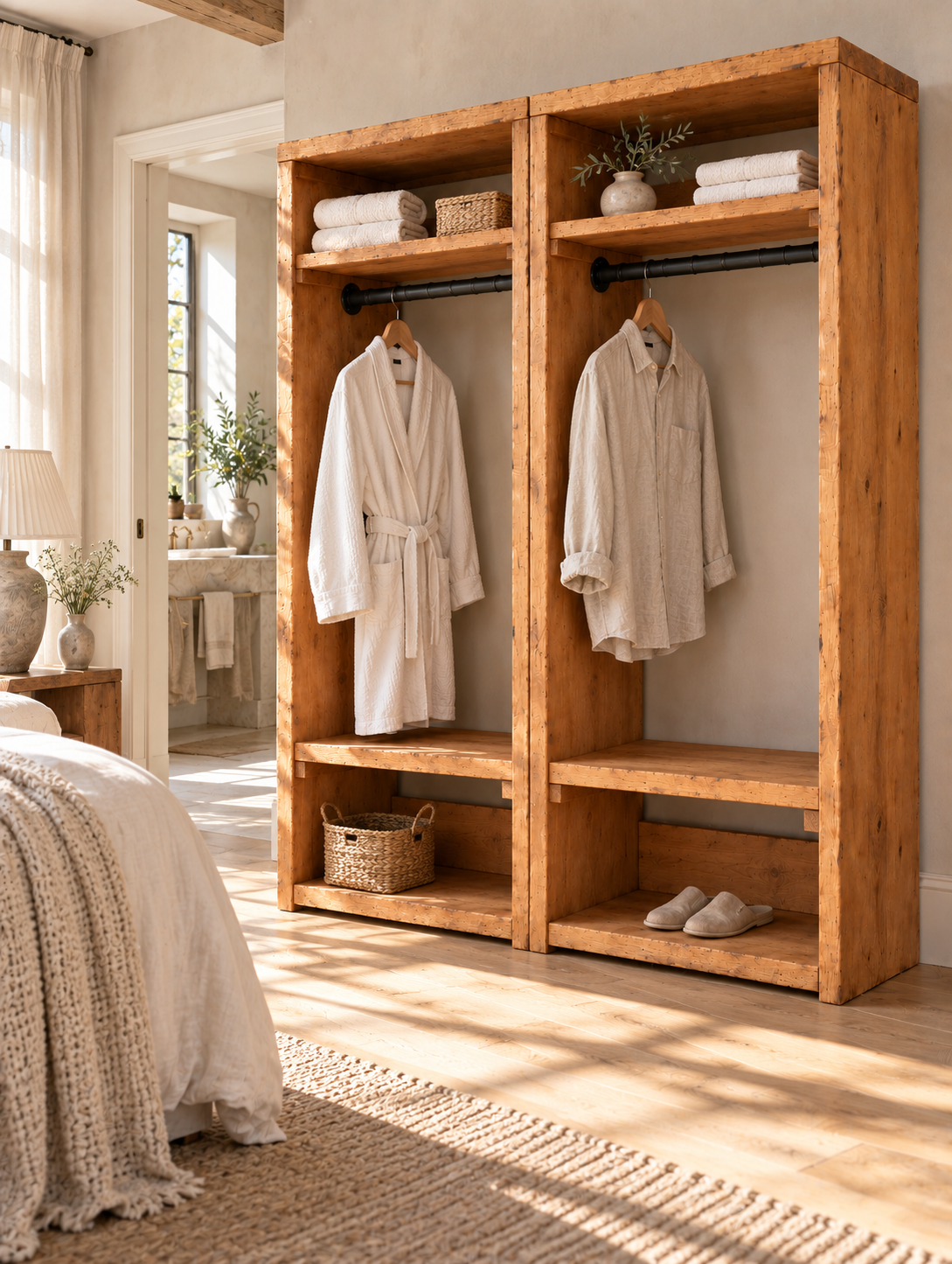 BEAUMONT Solid Wood Wardrobe With Bottom Shelf – Open Wardrobe, Rustic Scandinavian Design