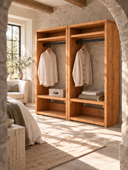 BEAUMONT Solid Wood Wardrobe With Bottom Shelf – Open Wardrobe, Rustic Scandinavian Design