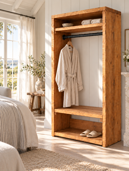 BEAUMONT Solid Wood Wardrobe With Bottom Shelf – Open Wardrobe, Rustic Scandinavian Design