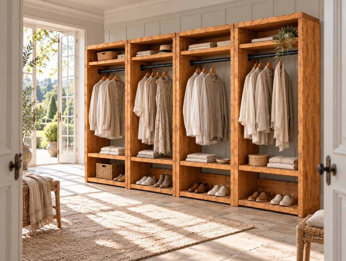 BEAUMONT Solid Wood Wardrobe With Bottom Shelf – Open Wardrobe, Rustic Scandinavian Design
