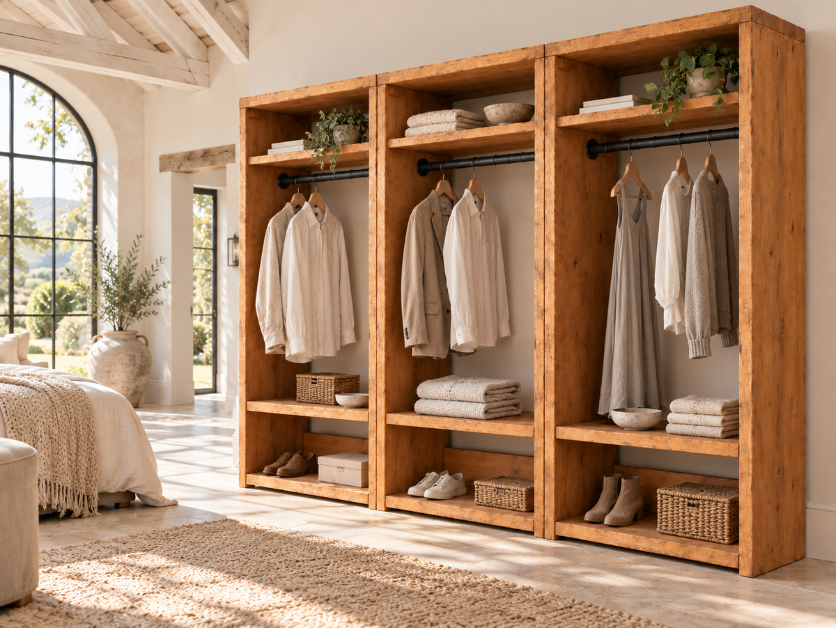 BEAUMONT Solid Wood Wardrobe With Bottom Shelf – Open Wardrobe, Rustic Scandinavian Design