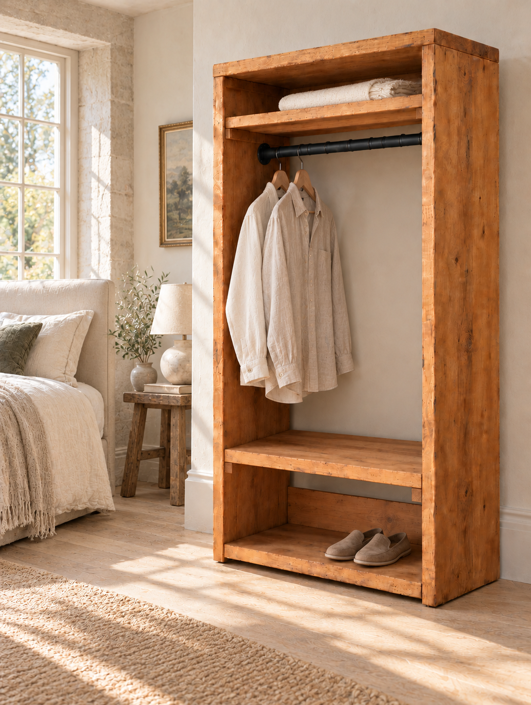 BEAUMONT Solid Wood Wardrobe With Bottom Shelf – Open Wardrobe, Rustic Scandinavian Design