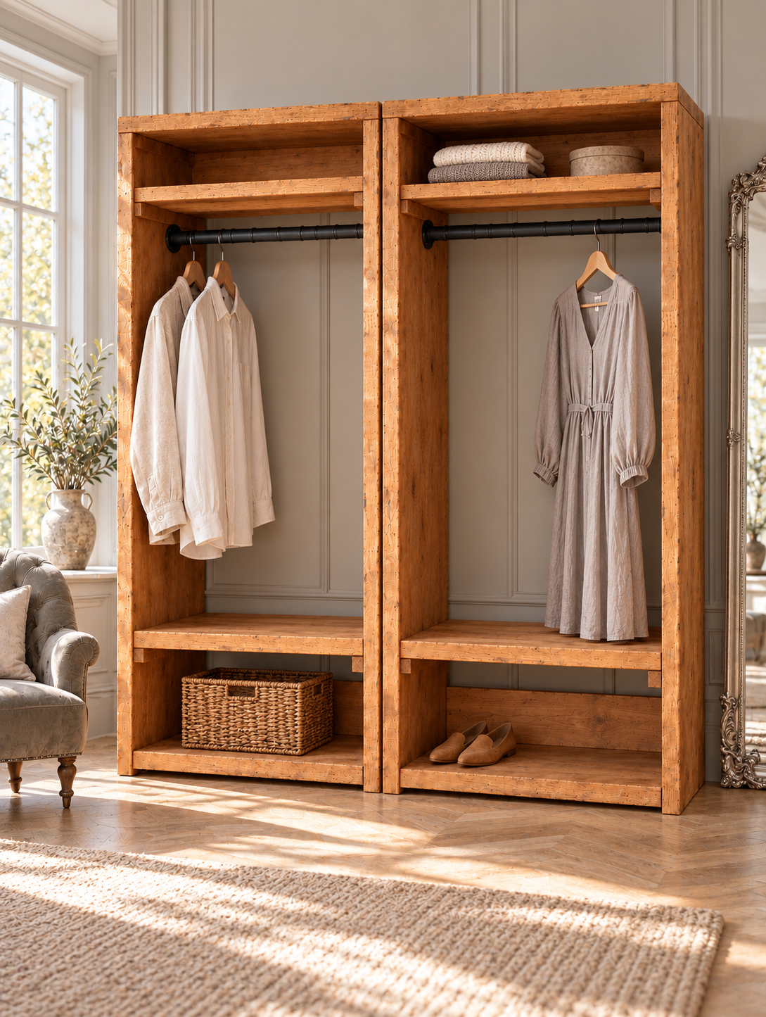 BEAUMONT Solid Wood Wardrobe With Bottom Shelf – Open Wardrobe, Rustic Scandinavian Design