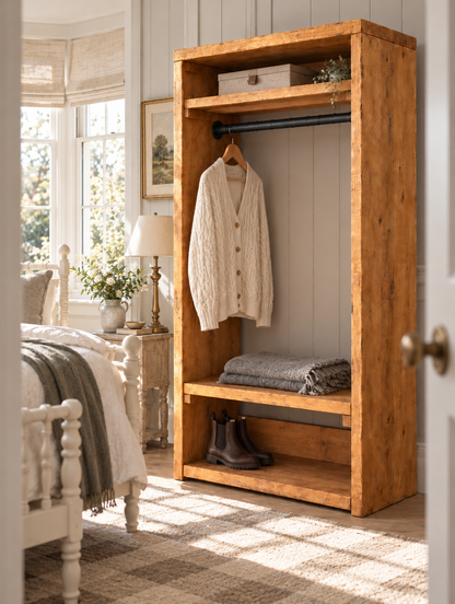 BEAUMONT Solid Wood Wardrobe With Bottom Shelf – Open Wardrobe, Rustic Scandinavian Design