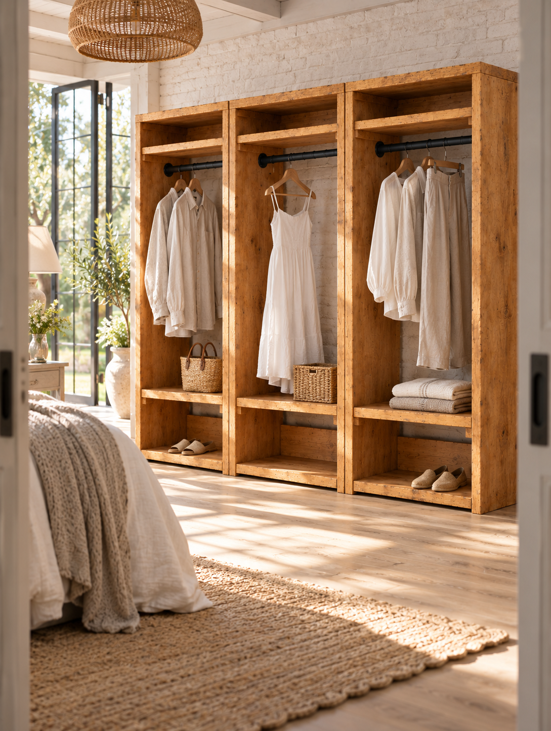 BEAUMONT Solid Wood Wardrobe With Bottom Shelf – Open Wardrobe, Rustic Scandinavian Design