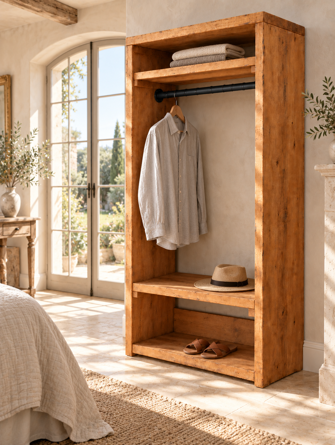 BEAUMONT Solid Wood Wardrobe With Bottom Shelf – Open Wardrobe, Rustic Scandinavian Design