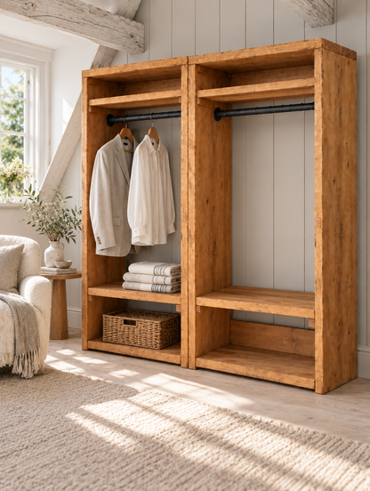 BEAUMONT Solid Wood Wardrobe With Bottom Shelf – Open Wardrobe, Rustic Scandinavian Design