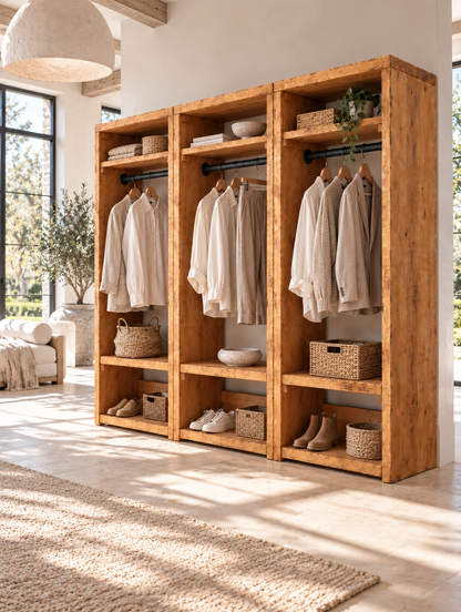 BEAUMONT Solid Wood Wardrobe With Bottom Shelf – Open Wardrobe, Rustic Scandinavian Design