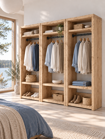 BEAUMONT Light Oak Colour Solid Wood Wardrobe With Bottom Shelf – Open Wardrobe, Rustic Scandinavian Design