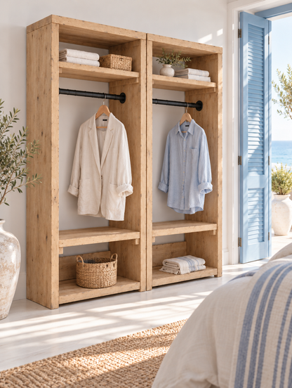 BEAUMONT Light Oak Colour Solid Wood Wardrobe With Bottom Shelf – Open Wardrobe, Rustic Scandinavian Design