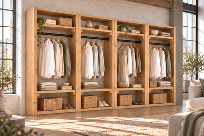 BEAUMONT Light Oak Colour Solid Wood Wardrobe With Bottom Shelf – Open Wardrobe, Rustic Scandinavian Design