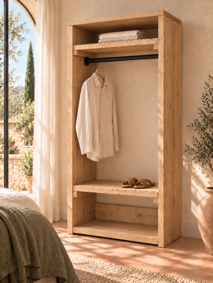 BEAUMONT Light Oak Colour Solid Wood Wardrobe With Bottom Shelf – Open Wardrobe, Rustic Scandinavian Design