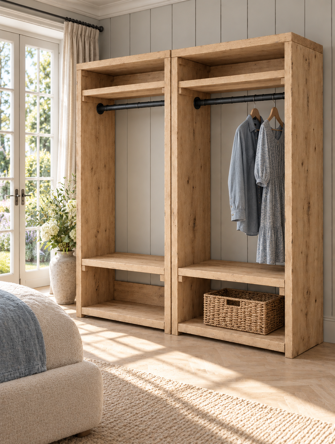 BEAUMONT Light Oak Colour Solid Wood Wardrobe With Bottom Shelf – Open Wardrobe, Rustic Scandinavian Design