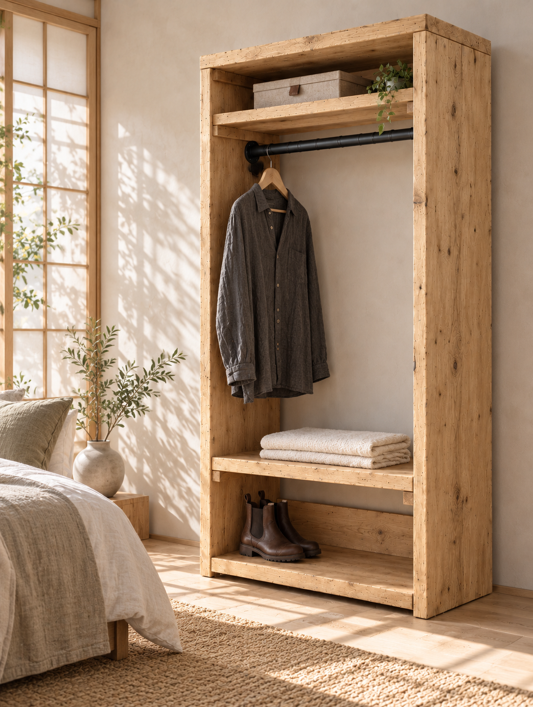 BEAUMONT Light Oak Colour Solid Wood Wardrobe With Bottom Shelf – Open Wardrobe, Rustic Scandinavian Design