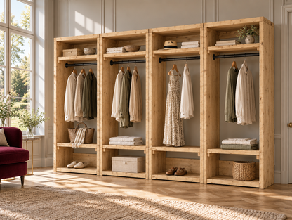 BEAUMONT Light Oak Colour Solid Wood Wardrobe With Bottom Shelf – Open Wardrobe, Rustic Scandinavian Design