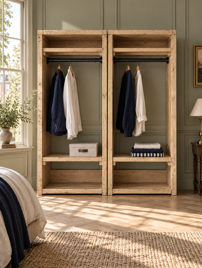 BEAUMONT Light Oak Colour Solid Wood Wardrobe With Bottom Shelf – Open Wardrobe, Rustic Scandinavian Design