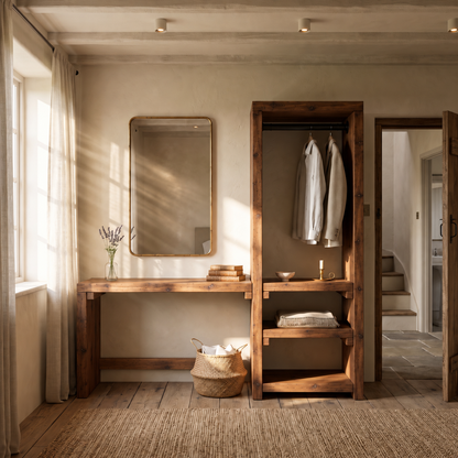 BELGRAVE Walnut Colour Solid Wood Wardrobe With Make Up Table – Open Wardrobe, Dressing Table