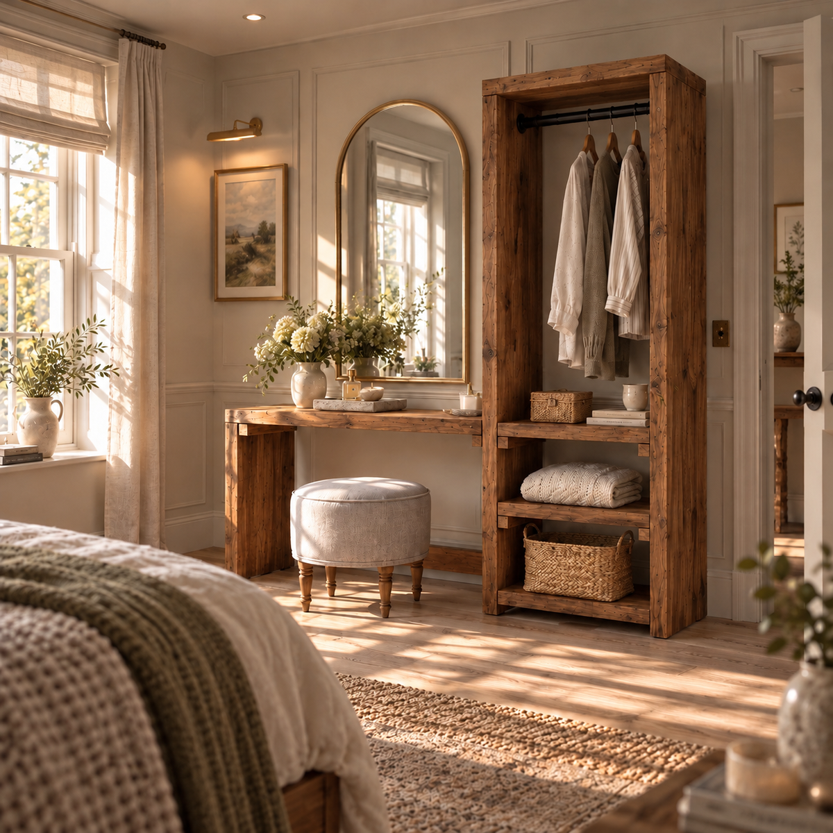 BELGRAVE Walnut Colour Solid Wood Wardrobe With Make Up Table – Open Wardrobe, Dressing Table