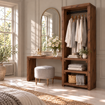 BELGRAVE Walnut Colour Solid Wood Wardrobe With Make Up Table – Open Wardrobe, Dressing Table