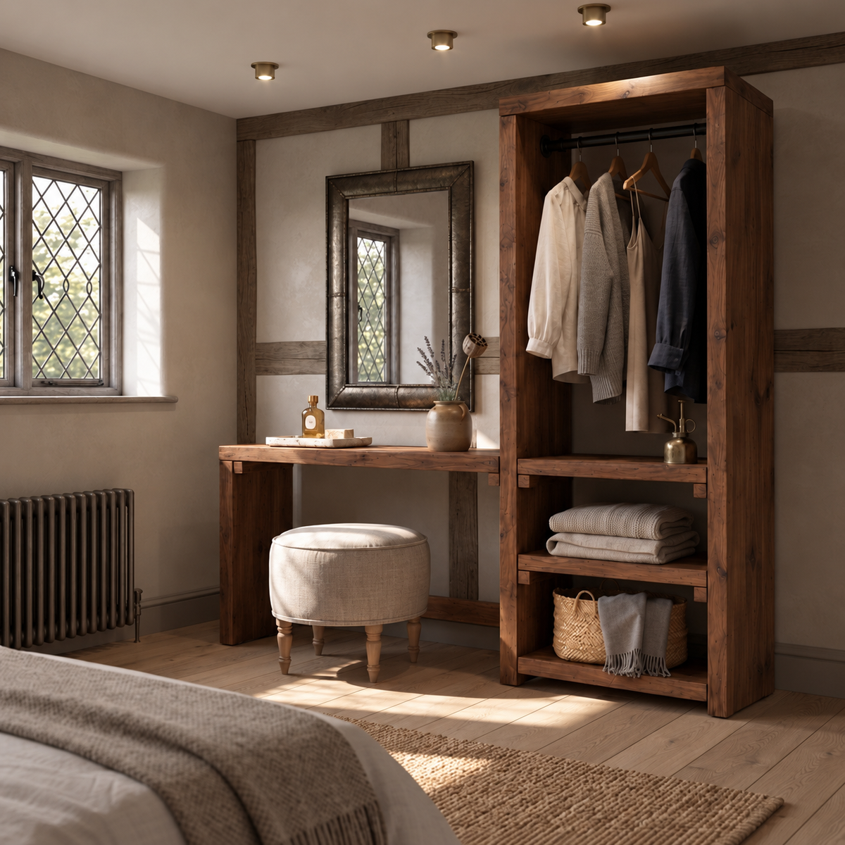 BELGRAVE Walnut Colour Solid Wood Wardrobe With Make Up Table – Open Wardrobe, Dressing Table