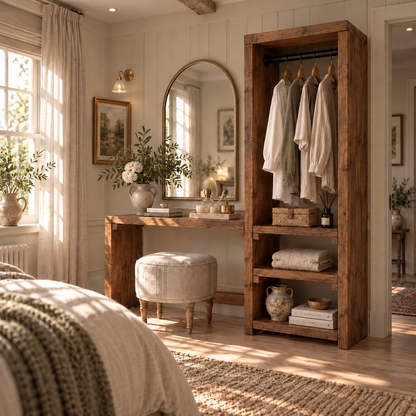 BELGRAVE Walnut Colour Solid Wood Wardrobe With Make Up Table – Open Wardrobe, Dressing Table