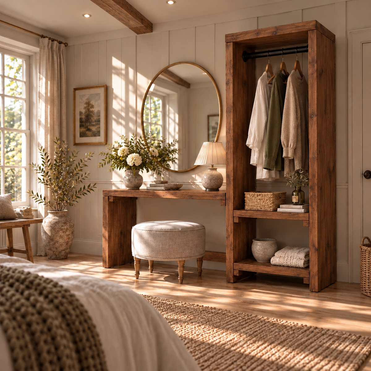 BELGRAVE Walnut Colour Solid Wood Wardrobe With Make Up Table – Open Wardrobe, Dressing Table