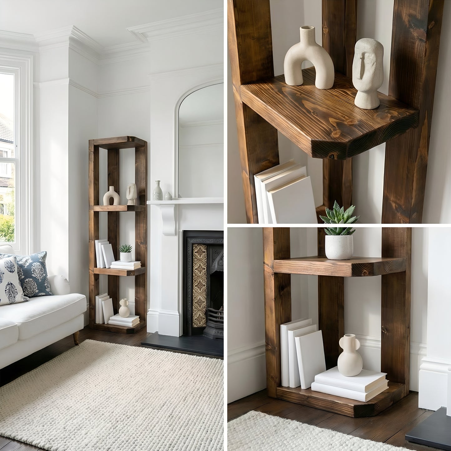 Belix Walnut Colour Solid Wood Corner Bookshelf –  Open Bookcase, Rustic Scandinavian Design