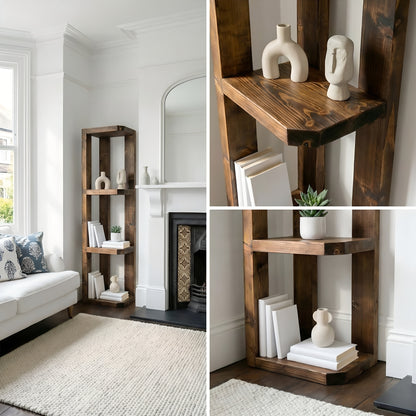 Belix Walnut Colour Solid Wood Corner Bookshelf –  Open Bookcase, Rustic Scandinavian Design