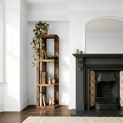 Belix Walnut Colour Solid Wood Corner Bookshelf –  Open Bookcase, Rustic Scandinavian Design