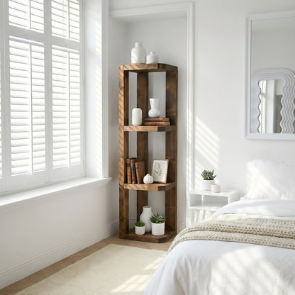 Belix Walnut Colour Solid Wood Corner Bookshelf –  Open Bookcase, Rustic Scandinavian Design