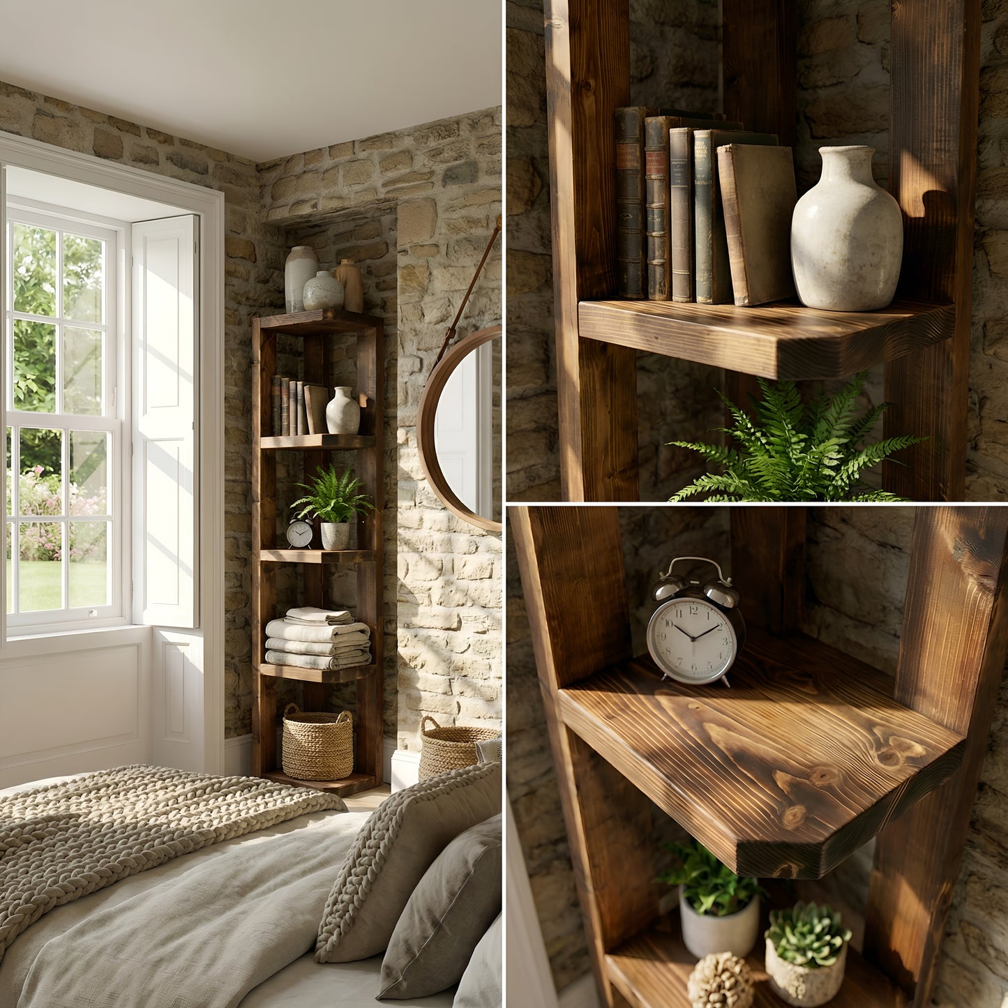 Belix Walnut Colour Solid Wood Corner Bookshelf –  Open Bookcase, Rustic Scandinavian Design