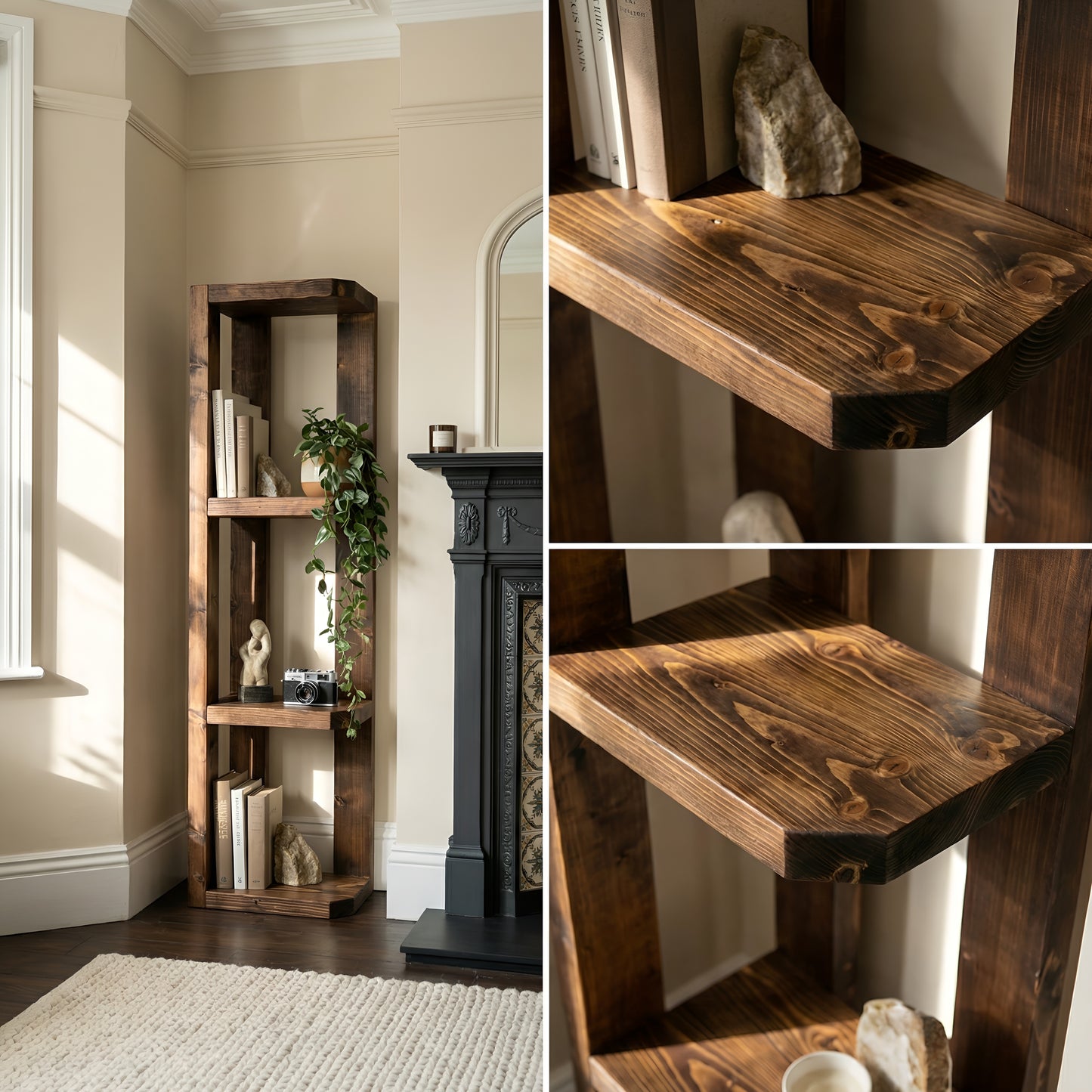 Belix Walnut Colour Solid Wood Corner Bookshelf –  Open Bookcase, Rustic Scandinavian Design