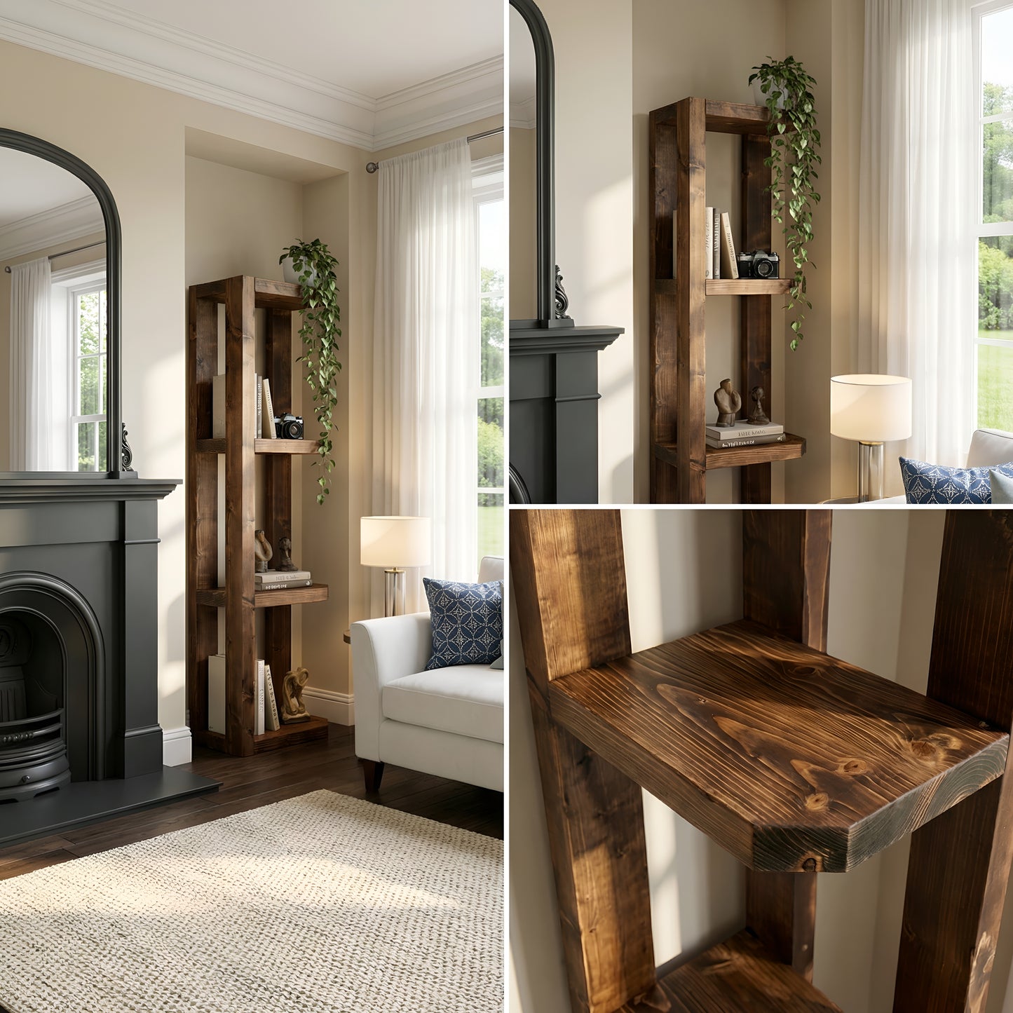 Belix Walnut Colour Solid Wood Corner Bookshelf –  Open Bookcase, Rustic Scandinavian Design