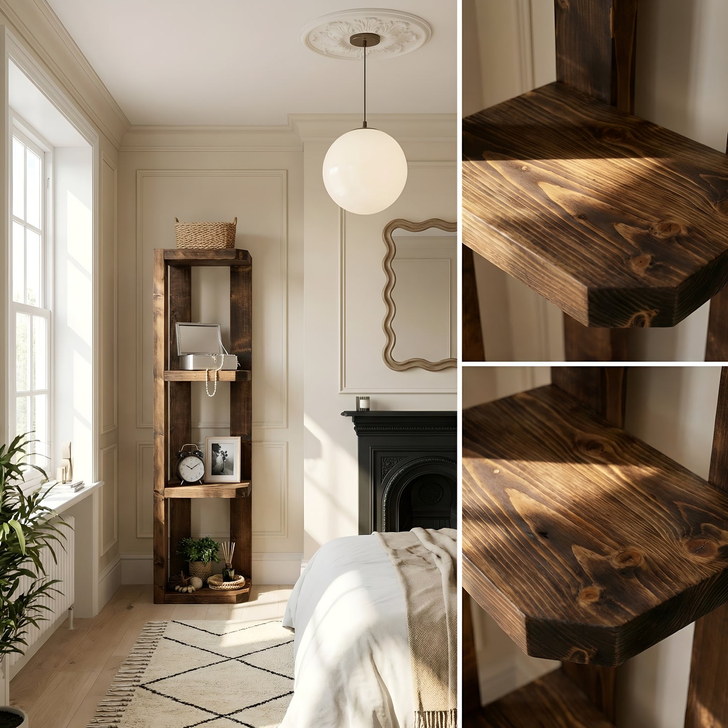 Belix Walnut Colour Solid Wood Corner Bookshelf –  Open Bookcase, Rustic Scandinavian Design