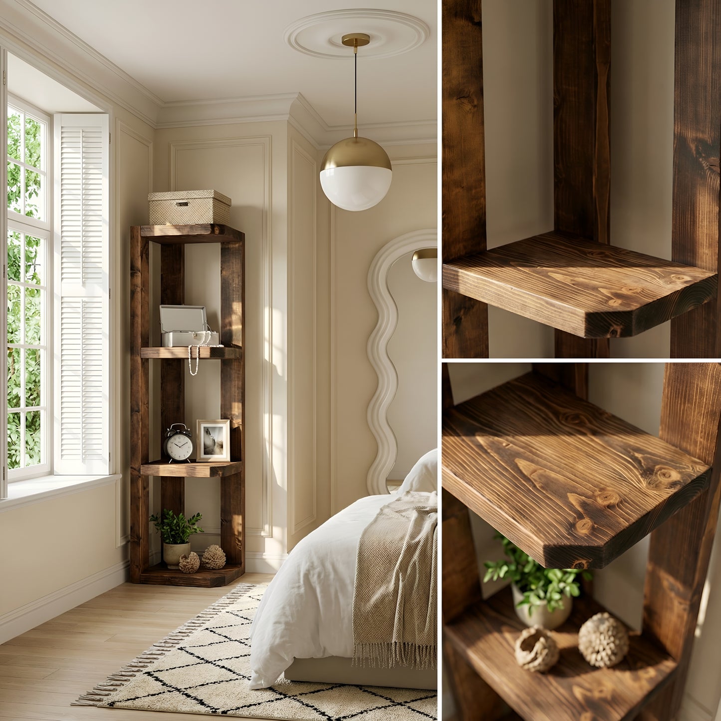 Belix Walnut Colour Solid Wood Corner Bookshelf –  Open Bookcase, Rustic Scandinavian Design