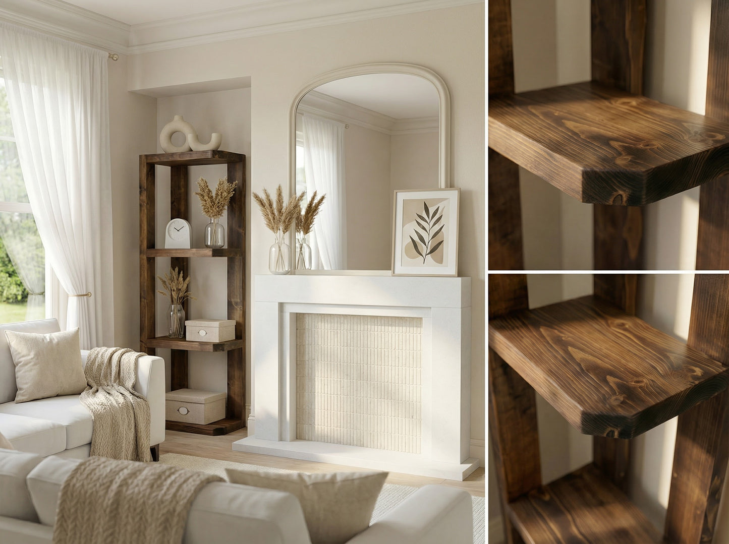 Belix Walnut Colour Solid Wood Corner Bookshelf –  Open Bookcase, Rustic Scandinavian Design