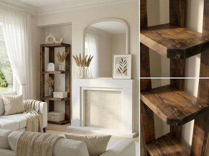 Belix Walnut Colour Solid Wood Corner Bookshelf –  Open Bookcase, Rustic Scandinavian Design