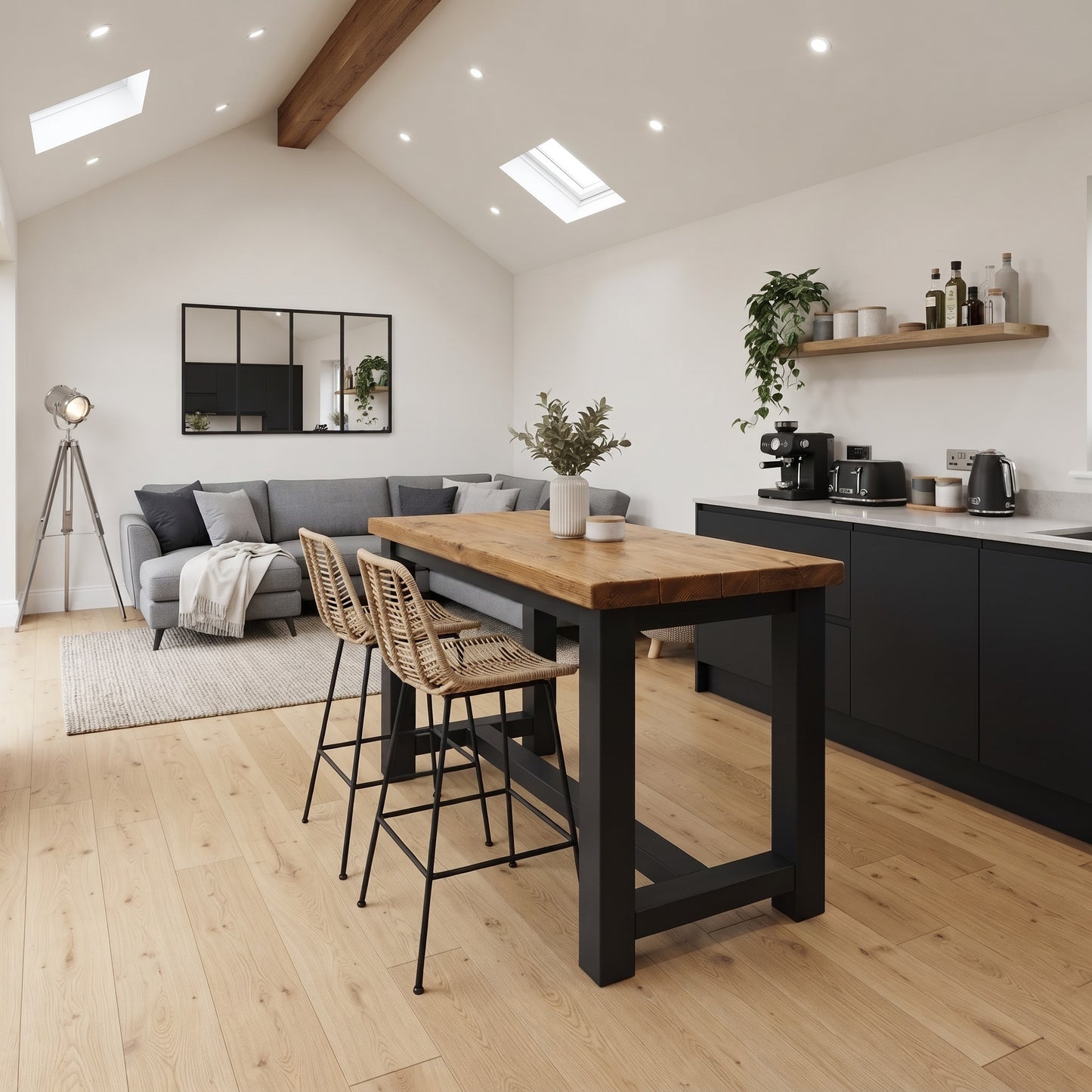 HAZEL Black Island Solid Wood Kitchen Island With Shelf / Breakfast Bar