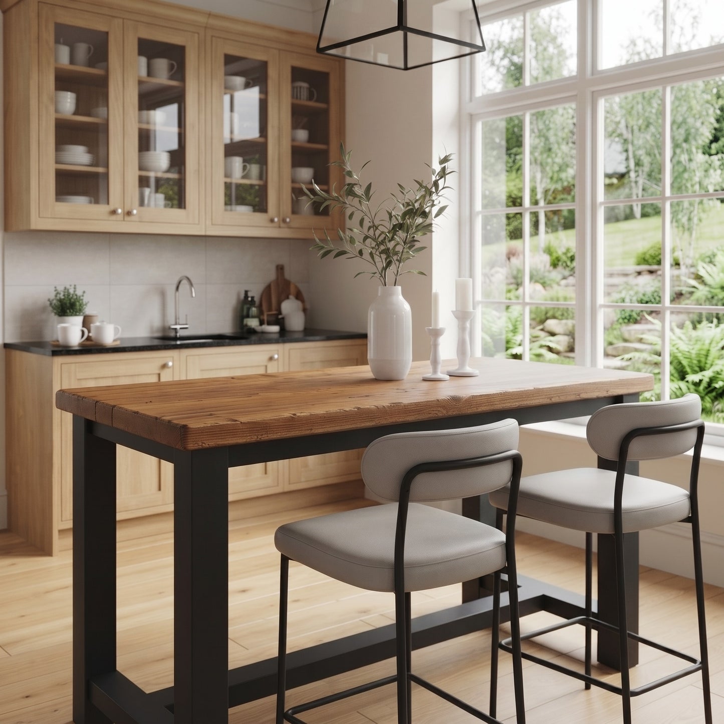 HAZEL Black Island Solid Wood Kitchen Island With Shelf / Breakfast Bar