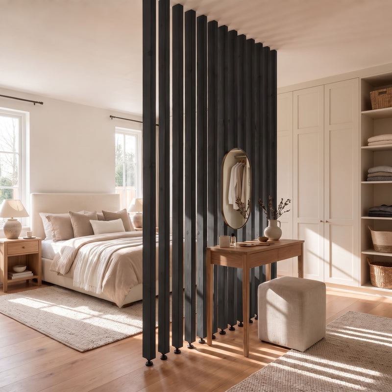 240cm High Black Colour Slatted Room Divider / Solid Wood Floor to Ceiling / Timber Partition