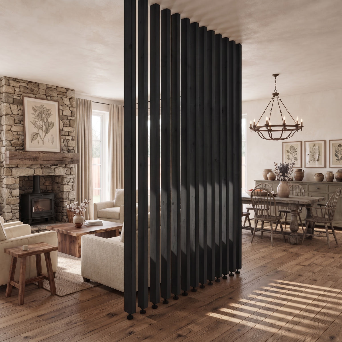 220cm High Black Slatted Room Divider / Solid Wood Floor to Ceiling / Timber Partition