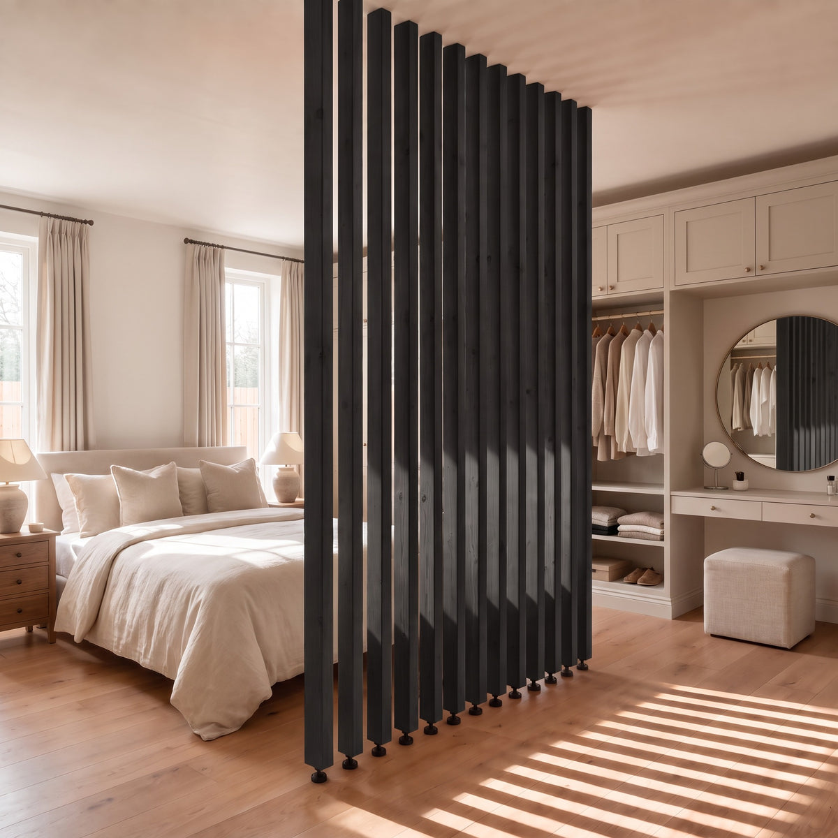 220cm High Black Slatted Room Divider / Solid Wood Floor to Ceiling / Timber Partition